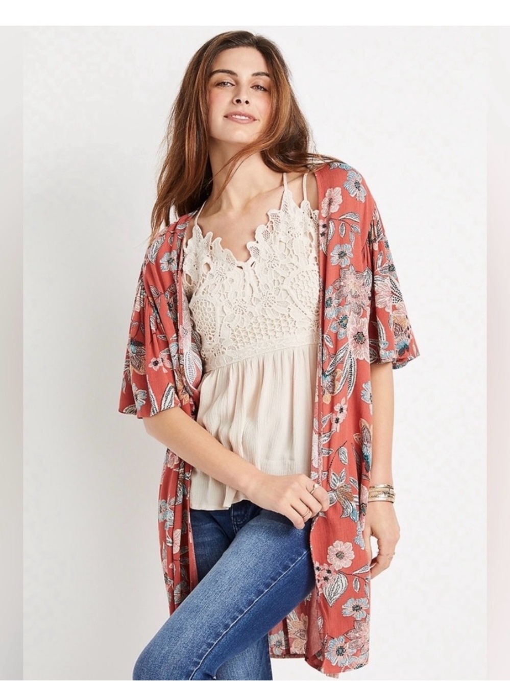 Maurices Kimono Cardigan LG Floral Open Front Lightweight Flutter Sleeve